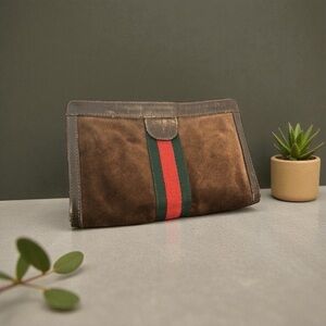 GUCCI PARFUMS Sherry Clutch Hand Bag Suede Leather Brown